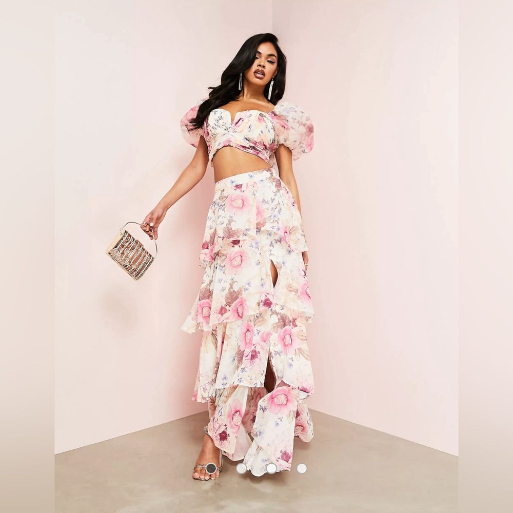 Organza Puff Sleeve and Tiered Maxi Skirt -Set